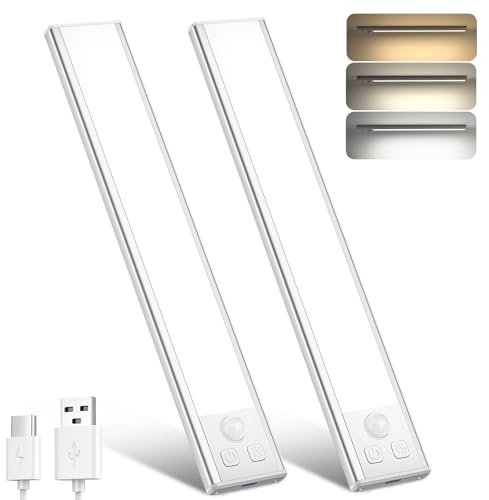 Schrankbeleuchtung LED 20.5CM 2 Stück Unterbauleuchte Küche Led mit Bewegungsmelder 3 Farbmodi Dimmbar Lampen Ohne Bohren USB-C Wiederaufladbar Nachtlicht für Kleiderschrank Treppe Küche Schlafzimmer