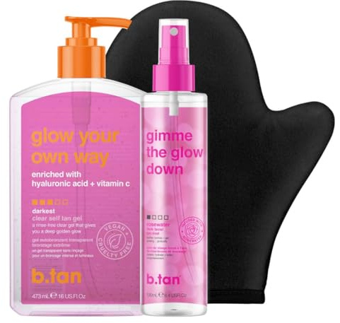 b.tan Best Clear Self Tan Gel & Face Spray Kit | Glow Your Own Way + Mist Bundle - Dark, 1 Hour Express, Transfer-Resistant Fake Tanner Gel with Gradual Tan Facial Mist, with Body Mitt Applicator