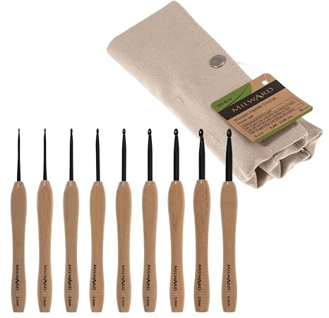 Milward H�kelnadel-Set � glatte Buchenholzgriffe, Aluminiumhaken, 2, 2,5, 3, 3,5, 4, 4,5, 5,5 und 6 mm, 100% Baumwolle, Hartschale, mit Rei�verschluss, Grau