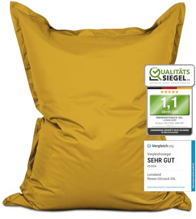 Lumaland Pouf géant XXL 140 x 180 cm - Coussin de couchage imperméable pour l'intérieur et l'extérieur avec plus de 3 millions de perles EPS adaptatives - Bean Bag avec housse lavable - Jaune moutarde