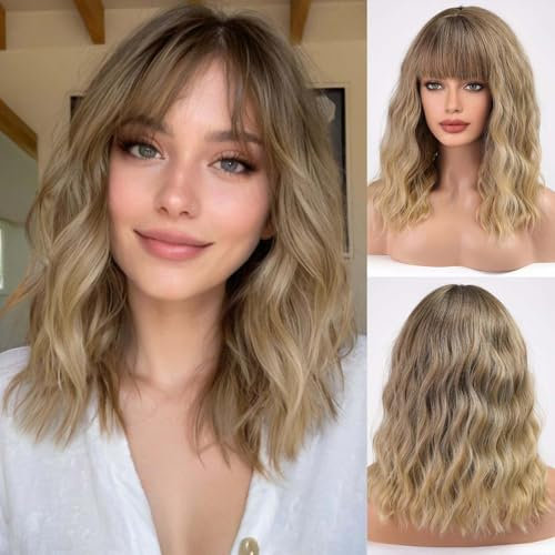 HAIRCUBE Breve Charming Bob con Bangs Parrucche per la Donna Natura Resistente al calore Fibra sintetica Partito/Cosplay/Costume/Parrucca quotidiana (Ombre biondo chiaro)
