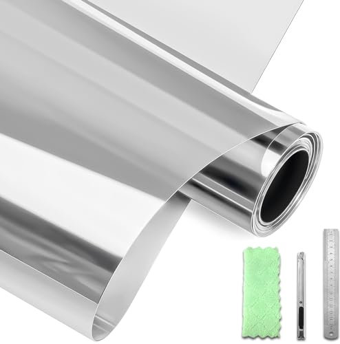 DARUITE Spiegelfolie Fensterfolie Blickdicht von Aussen Sichtschutzfolie Fenster UV-Schutzs Sonnenschutz Reflektierende Spiegelfolie Fenster Sichtschutz Statische Adsorption（Silber-Silber，44.3x200cm）