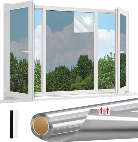 Linarun One Way Window Film Privacy Heat Reflective Privacy Film for Glass Windows Daytime Anti Glare Mirror Tint Sun Blocker for Home Office, Silver 30 * 400 cm