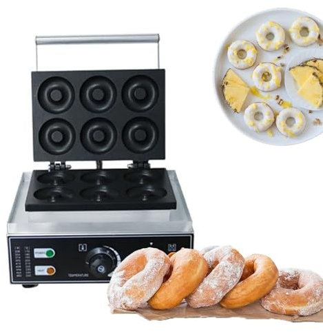 RSPPPJQ Commercial Donut Maker Machine,6 Holes Double Sided Non-Stick Commercial Electric Donut Maker, Electric Stainless Steel Doughnut Maker Double-Sided Heating, for Kitchen, Restauran