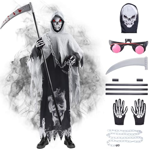Costume da Grim Reaper, Costume da Mietitore di Halloween, Costume da Grim Reaper Unisex, Costume da Bambino Grim Reaper,Mantello Cappuccio Nero con Guanti Scheletro,Falce, Cintura