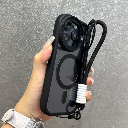 ADKOT Fold Glass Lens Stand Magnetic Transparent Case For iPhone 15 14 13 12 11 Pro Max Wrist Strap Cord Cover,Black,For iPhone 11 ProMax