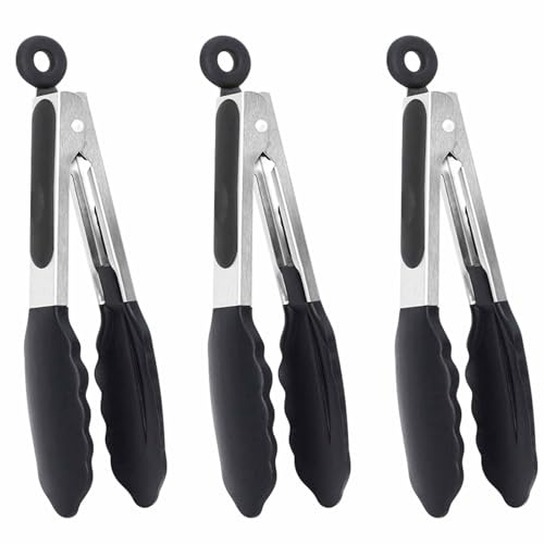 3PC Small Kitchen Tongs with Silicone Tips, 7 Inch Black Mini Tongs, Cooking Tongs Easy to Clean, Silicone Food Tongs for Kitchen Use
