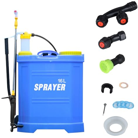 Pompa Irroratrice, 16 Lt, Spalla Pompante e Lancia in Ottone e Inox，Spruzzatore Portatile a Pressione 16L 1-3 Bar 2 Ugelli Zaino Accessori Nebulizzatore Piante (Blu)