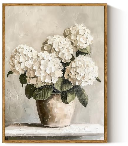 ARPEOTCY Leinwand Bilder mit Rahmen, 40 x 30cm, weißen Hortensien Wandbilder, Modernes Stillleben florale wand deko für Wohnzimmer Schlafzimmer Küche, Vintage Wanddekoration,klein