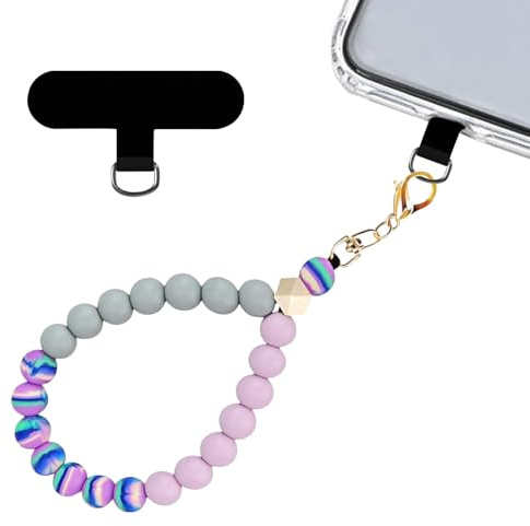 Mezrkuwr Bracelet en perles de silicone, cordon pour téléphone avec tampons pour cordon, bracelet élastique mains libres, bracelet pour téléphone, pour la plupart des smartphones, lilas, L
