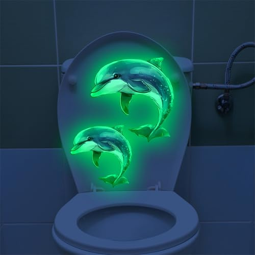 hiwhale 1PC Im Dunkeln leuchtender Delfin-Toilettenaufkleber, selbstklebend, wasserdicht, PVC, Kinderzimmer, Schlafzimmer, Badezimmer, Heimdekoration, Aufkleber, Tank, Sitz, Aufkleber, Spülkasten