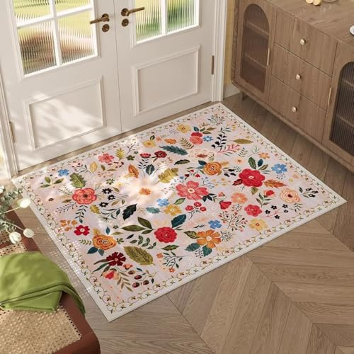 Tospass Fußmatte Teppich Blumen Vintage Rutschfester Waschbarer Kurzflor Boho Rechteck Teppich Eingangsteppich Carpet für Schlafzimmer, Kinderzimmer, Küchen, 60x90 cm
