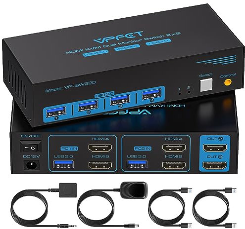 USB 3.0 Switch KVM HDMI Dual Monitor 4K60Hz 2 PC 2 Monitor Switch KVM Supporto 4 Dispositivi USB3.0 come Tastiera Mouse Stampante Include Controller Cablato da Scrivania e 2xCavi USB