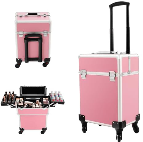 ACROSSPART Valigetta cosmetica trolley, 3 in 1, con vassoio pieghevole e ruote, multifunzionale, grande trucco, per viaggi, parrucchieri, trucchi, Colore: rosa., 24*34*47cm, moderno