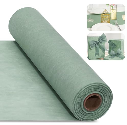 Chemin de Table en Non-Tissé Cinnani Chemin de Table Vert Sauge 30 cm x 25 m, Jetable Décoration de Table - pour Anniversaire, Mariage, baptême, Communion et Autres célébrations