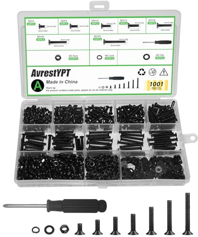 1001 Pcs M3 Countersunk Screws Assortment Kit, Flat Head Machine Screws Phillips Bolts Nuts Washers Assortment Kit with Screwdriver for Electronics, Machinery - M3x6/8/10/12/16/20/25mm