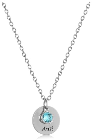 Zysta Personalisierte Kette mit Geburtsstein, Namenskette mit Geburtsblume, Kette mit Gravur, Weihnachten Geburtstag Geschenk für Frauen Damen, Silber/Gold/Rosegold