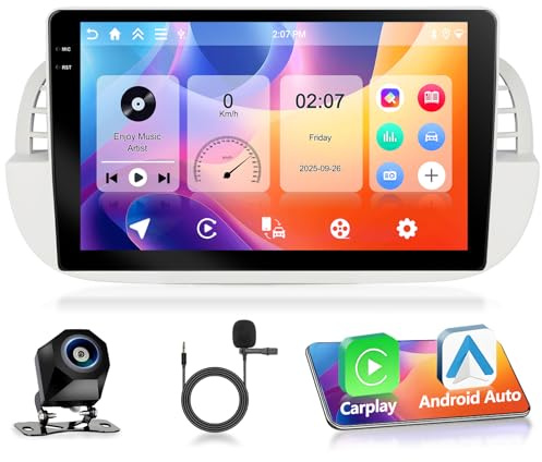 Motorsi 4G+128G Autoradio pour Fiat 500 2007-2015, 9’’ 1280P Android 15 Stereo Radio, A-pple Carplay Android Auto GPS Bluetooth 5.0 WiFi FM/RDS 2USB Prend en Charge Dab+ OBD2