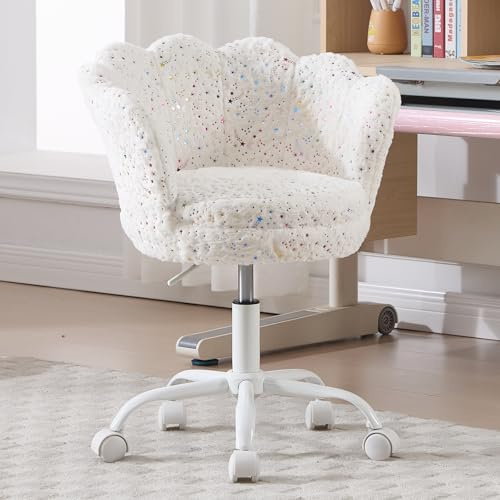 Ya-Home Chaise de Bureau Jolie pour Enfants Fauteuil de Bureau Enfant Fille, Coussin Fausse Fourrure, Chaise Bureau Fille Confortable, Blanc