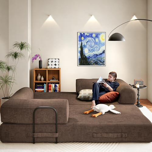 Olimix Convertible Sleeper Sofa Bed, 78 Corduroy Foldable Boneless Modular Couch, Memory Foam Compressed Sofa in A Box W/Plush Fabric Comfy Floor Lounge Couch for Living Room Apartment Bedroom, Brown