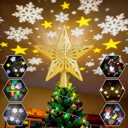 TOTSUN Christmas Tree Topper Projector Light Star, Gold Christmas Star Projector with Rotating Snowflake LED, Adjustable Light Xmas Tree Decoration Tree Topper Gift Bedroom Decor, with 6 Motifs