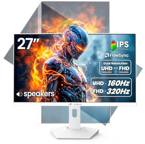 CRUA 27” Gaming Monitor, IPS UHD 3840x2160 4K 160Hz / FHD 320Hz Dual Mode White Computer Monitor, Rotating/Pivot & Height-Adjustable, AMD FreeSync, Built-in Speakers, PIP/PBP, HDMI 2.1 & DP 1.4