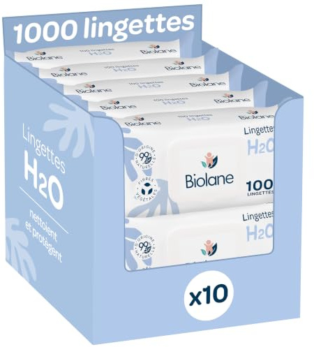 BIOLANE - Lingettes bébé à l'eau - 1000 Lingettes - Lot de 10x100 | Nettoyage doux et efficace, Sans Rinçage, Capot refermable, 99% d'Origine Naturelle, Dès la naissance