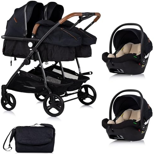DUO SMART - Cochecito gemelos o niños juntos, ancho 79 cm, color negro + 2 acogedor i-Size negro
