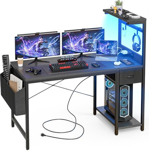 Grandder Escritorio Gaming 120x50 cm con Enchufe LED RGB Estantes Abatibles Cajón Organizador para PC Portátil Hogar/Oficina Incluye Bolso Fibra Carbono Negro