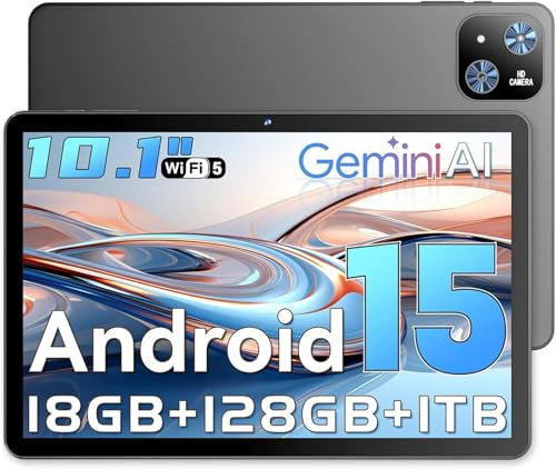 Tablet 10 Pulgadas, Tablet Android 15 con Gemini AI,18 GB RAM + 128 GB ROM + 1 TB TF, Quad-Core, Pantalla Táctil IPS HD 1280x800, Batería 6000 mAh, Widevine L1, WiFi 5G & BT 5.0, Cámara 8MP + 5MP