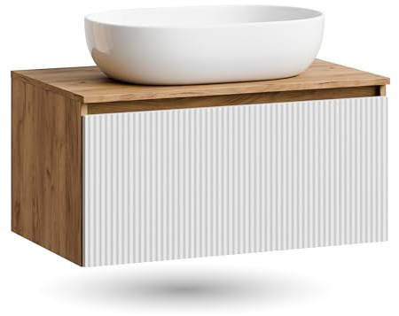 Planetmöbel Arisa Waschtisch mit Unterschrank 80 cm Gold Eiche | weiß, (geriffelt), Waschbecken 60 cm weiß, Raumsparsiphon