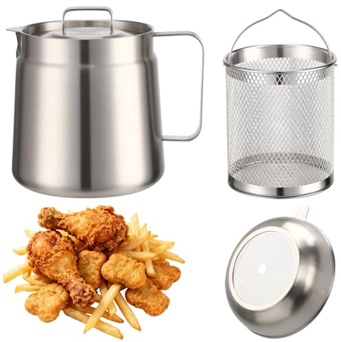 304 Stainless Steel Oil Filter Pot, 2 L Grease Container with Mesh Strainer & Frying Basket, All-in-One Design, Multi-Purpose Kitchen Gadget for Storing, Frying and Cooking Oil