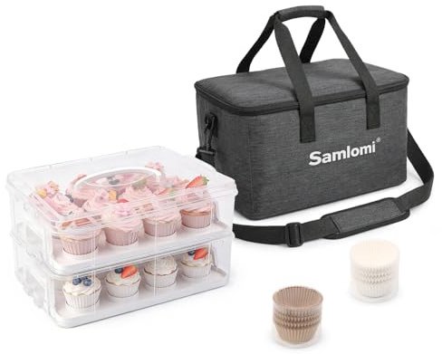 Samlomi Cupcake Carrier With Handle, 2 Tier Cupcake Carrier 24 Muffin Cases Stackable Cake Caddy With Adjustable Compartments, Cupcake Holder With Portable Insulated Bag and 200pcs Cupcake Liners