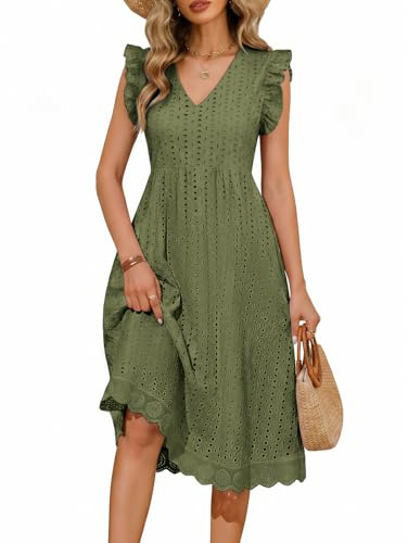 PASUDA Vestito Donna Estivo Abito Lungo Scollo a V Casual Vestiti Senza Maniche a Volant Abiti Lunghi Cotton Comodo Floreale Vuoto Jacquard Vestiti da Spiaggia con Tasche (Verde, XL)