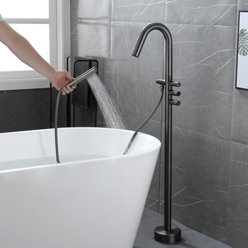 Grifo Bañera con Ducha Gris Plomizo Montaje en Suelo 3 Botones Independientes Grifo de Pie para Bañera Exenta,gris Pistola