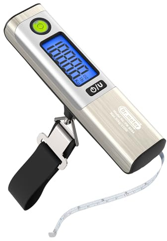 Dr.meter Kofferwaage für Reisen mit Maßband, Praktische Kofferwaage Digital mit Haken (50kg/110lb) mit LCD-Display und Überlastalarm. Integriertes Maßband für Reisen Inkl. Batterien Silber