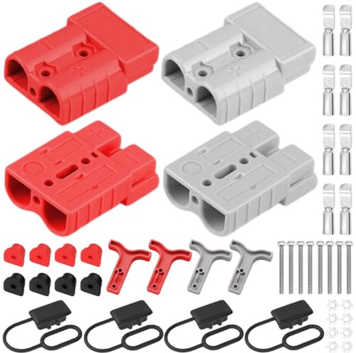 HAAMNING7 4 pezzi Spina di collegamento rapido per batteria, connettore di scollegamento per impieghi gravosi 600 V 175 A per cavo 0-4 AWG, ignifugo con cappuccio antipolvere e maniglia (rosso/grigio)