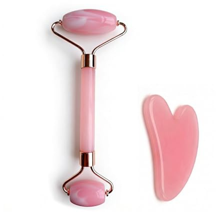2PCS Outils de Massage Facial Gua Sha & Rouleau de Quartz, Outil de Soin de la Peau pour Drainage Lymphatique du Visage, Soulagement des Tensions, Réduction des Gonflements, Cadeau pour Routine Beauté