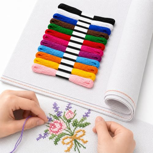 14CT Aida Stoff zum Sticken, 150 x 100 cm Kreuzstich Stoff Weiß, 14 Count Stickerei Stoff inkl. 12 Farben Stickgarn, für Nähen, Basteln, DIY Handarbeit & Stickerei