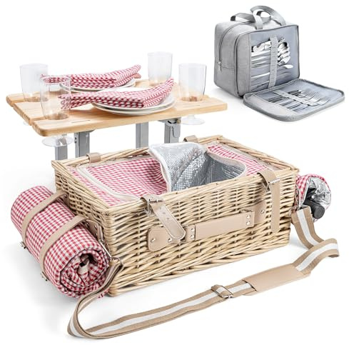 Wovanew Picknickkorb-Set aus Weide für 4 Personen – mit abnehmbarem Tisch, Bestecktasche, isolierter Kühltasche und wasserdichter Picknickdecke für Camping, Strand, Hochzeitsgeschenke(Red Grid)