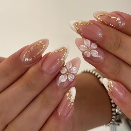 Tupenofif Faux ongles à coller, faits main forme amande, faux ongles avec fleurs 3D et perles, French manucure nude blanc, set manucure raffiné réutilisable 10 pièces