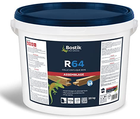 Bostik Colle Vinylique Bois R64 – Colle à Bois Prise Lente – Colle d'Assemblage et de Placage du Bois – Colle D4 Menuiseries Extérieures – Blanc – Seau de 20 kg