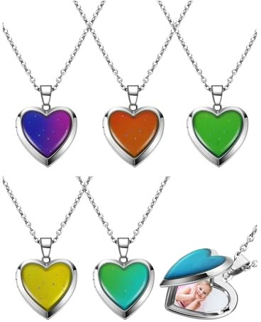 Hicarer Herz-Medaillon-Halskette, Medaillon, Farbwechsel-Halskette, Foto-Anhänger, Temperaturfühlung, Stimmungskette, Edelstahl, Liebesform, Geburtstag, Valentinstag, Geschenk für Frauen, Edelstahl