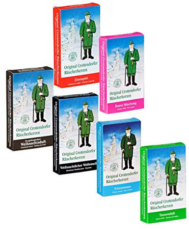 Crottendorfer Räucherkerzen Weihnachtsbaum 6er Pack (6 x 24 Stück) – Zimtapfel, Bunte Mischung, Weihn. Weihrauch, Weihnachtsduft, Wintertraum, Tannenduft – Höhe 2,7cm, Ø 1,2cm – 15 Min. Brenndauer