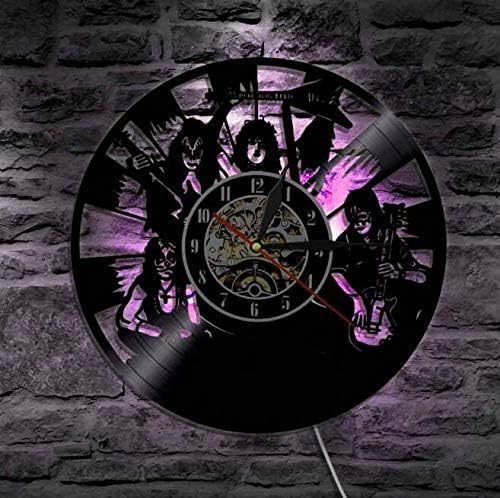 Smotly Vinilo Pared Reloj, Kiss Forma de Banda récord Tema de Reloj de Pared, Hecho a Mano Creativa de Color la Noche de luz 7-Color de la Pared Regalo del Reloj,with Light 9,E5