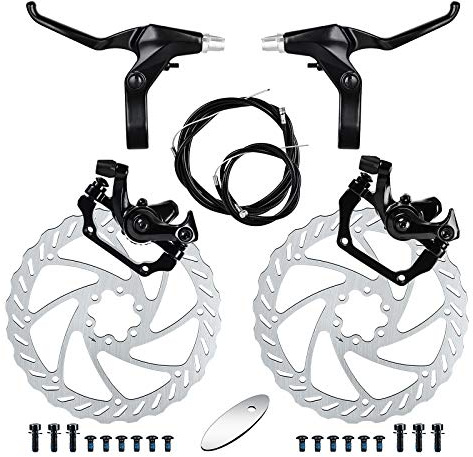 RUJOI Fahrrad-Scheibenbremsen-Kit, Vorder- und Hinterradsattel aus Aluminium, Fahrradbremshebel aus Vollaluminiumlegierung, 180-mm-Bremsscheibe, Mechanischer werkzeugloser Belageinsteller für Rennrad
