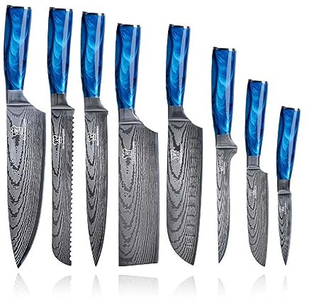 Küchenkompane – asiatisches Edelstahl Messerset Shiburu – 8-teiliges Küchenmesser Set im Damast-Design mit Epoxidharz Griff und Geschenkbox – Rostfreie & scharfe Messer – Designed in Germany