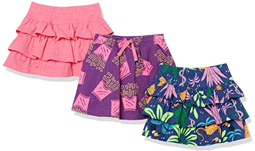 Amazon Essentials Faldas pantalón de Punto con Volantes (Anteriormente Spotted Zebra) Niña, Pack de 3, Azul Marino Jungla/Morado Patatas Fritas/Rosa, 9 años