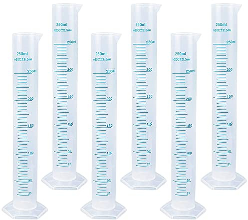 6Pack Plastic Graduated Cylinder 250 ml Transparent Measuring Cylinder Set, Science Measuring Test Tube Flask, Graduated Cylinder Beaker with 2-Sided Marking & Pour Spout for Home and School Science