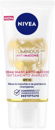 NIVEA Luminous630 Anti-Macchie Crema Mani Trattamento Avanzato SPF 15, 50 ml, Crema mani antiage e antimacchie, con Acido Ialuronico e Thiamidol brevettato, per mani secche e screpolate